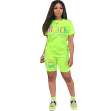 Load image into Gallery viewer, Adogirl Letter Print Summer Casual Two Piece Set O Neck Short Sleeve T Shirt Top Skinny Shorts Fashion Tracksuit Female Clothes
