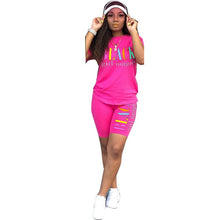 Load image into Gallery viewer, Adogirl Letter Print Summer Casual Two Piece Set O Neck Short Sleeve T Shirt Top Skinny Shorts Fashion Tracksuit Female Clothes
