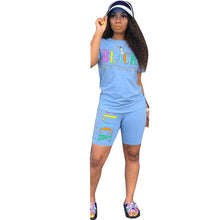 Load image into Gallery viewer, Adogirl Letter Print Summer Casual Two Piece Set O Neck Short Sleeve T Shirt Top Skinny Shorts Fashion Tracksuit Female Clothes
