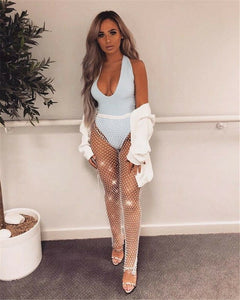Crystal Diamond Shiny Women Leggings Pants Sexy Elastic Fishnet Long Trouser See Through Hollow Out High Waist Leggings Clubwear