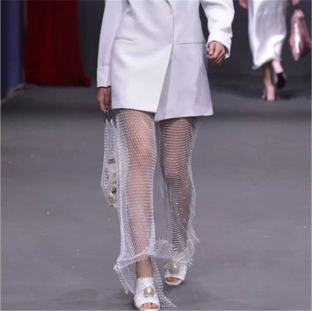 Crystal Diamond Shiny Women Leggings Pants Sexy Elastic Fishnet Long Trouser See Through Hollow Out High Waist Leggings Clubwear