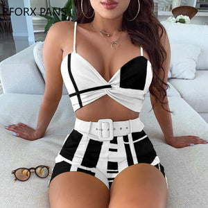 Colorblock Spaghetti Strap Twisted Top & Shorts Set Women Suit