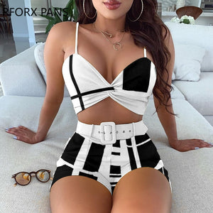Colorblock Spaghetti Strap Twisted Top & Shorts Set Women Suit