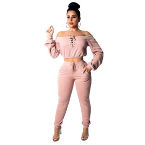 Women Tracksuit  Long Sleeve knitted Suit with Pant 2 Piece Pink Set Club Outfits Sexy Autumn Sports Suit Casual Matching Set