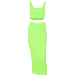 Hugcitar  spaghetti straps crop tops skirt 2 pieces sets 2019 summer women neon green solid party streetwear female slim elegant