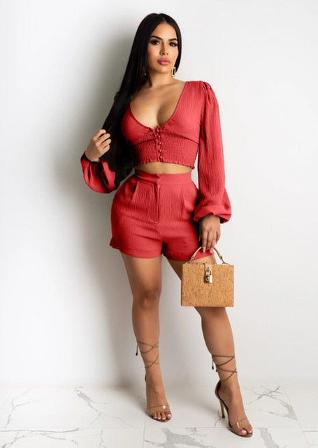 Adogirl Women Solid Casual Two Piece Set Buttons V Neck Long Lantern Sleeve Crop Top High Waist Shorts Cotton Wrinkle Suit