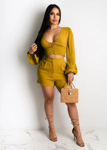 Adogirl Women Solid Casual Two Piece Set Buttons V Neck Long Lantern Sleeve Crop Top High Waist Shorts Cotton Wrinkle Suit
