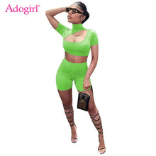 Load image into Gallery viewer, Adogirl 2020 Summer Solid Women Set 2 Piece Tracksuit Stand Collar Hollow Out Short Sleeve T Shirt Crop Top Shorts Fitness Suit
