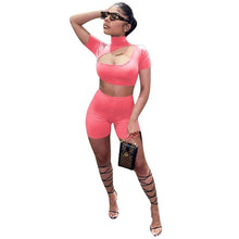 Load image into Gallery viewer, Adogirl 2020 Summer Solid Women Set 2 Piece Tracksuit Stand Collar Hollow Out Short Sleeve T Shirt Crop Top Shorts Fitness Suit

