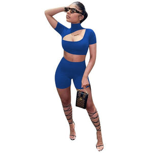 Adogirl 2020 Summer Solid Women Set 2 Piece Tracksuit Stand Collar Hollow Out Short Sleeve T Shirt Crop Top Shorts Fitness Suit