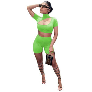 Adogirl 2020 Summer Solid Women Set 2 Piece Tracksuit Stand Collar Hollow Out Short Sleeve T Shirt Crop Top Shorts Fitness Suit
