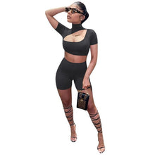 Load image into Gallery viewer, Adogirl 2020 Summer Solid Women Set 2 Piece Tracksuit Stand Collar Hollow Out Short Sleeve T Shirt Crop Top Shorts Fitness Suit

