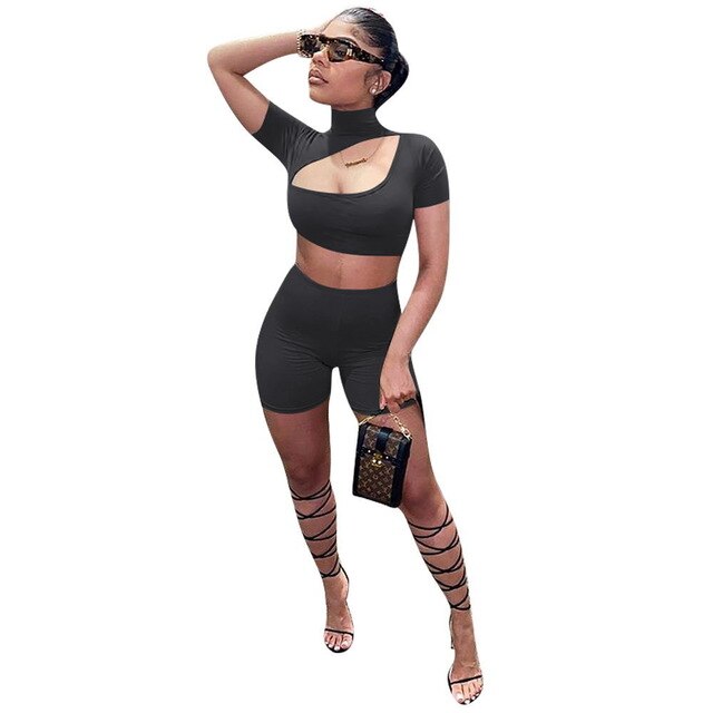 Adogirl 2020 Summer Solid Women Set 2 Piece Tracksuit Stand Collar Hollow Out Short Sleeve T Shirt Crop Top Shorts Fitness Suit