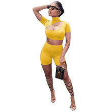 Load image into Gallery viewer, Adogirl 2020 Summer Solid Women Set 2 Piece Tracksuit Stand Collar Hollow Out Short Sleeve T Shirt Crop Top Shorts Fitness Suit
