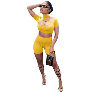 Adogirl 2020 Summer Solid Women Set 2 Piece Tracksuit Stand Collar Hollow Out Short Sleeve T Shirt Crop Top Shorts Fitness Suit