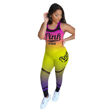 Load image into Gallery viewer, Tie Dye 2020 Causal Two Piece Set Women PINK Letter Print Sleeveless Crop Top Leggings Pants Suit Gradient Color Female Outfits
