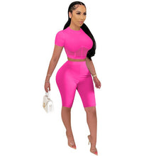 Load image into Gallery viewer, Adogirl Sheer Mesh Patchwork Two Piece Set Women Tracksuit Short Sleeve T Shirt Crop Top Shorts Fashion Casual Suit Apparel
