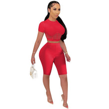Load image into Gallery viewer, Adogirl Sheer Mesh Patchwork Two Piece Set Women Tracksuit Short Sleeve T Shirt Crop Top Shorts Fashion Casual Suit Apparel
