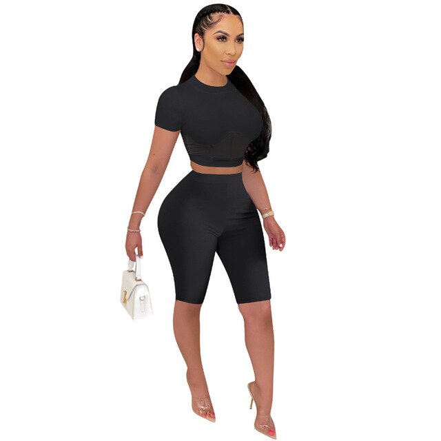 Adogirl Sheer Mesh Patchwork Two Piece Set Women Tracksuit Short Sleeve T Shirt Crop Top Shorts Fashion Casual Suit Apparel