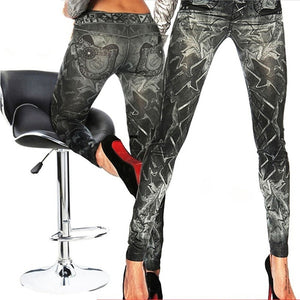 New Slim False Imitation Jeans Fitness Leggins Women Denim Leggings Nine Pants Tattoo Painted Leggings Black One Size