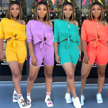 Load image into Gallery viewer, Two Piece Set Women Tshrts+High Waist Shorts Summer Shirt Crop Top Short Sleeves Tees Tracksuit Femme Clothes Ropa De Mujer 2020
