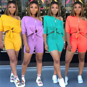 Two Piece Set Women Tshrts+High Waist Shorts Summer Shirt Crop Top Short Sleeves Tees Tracksuit Femme Clothes Ropa De Mujer 2020