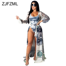 Load image into Gallery viewer, Money Dollar Print Sexy Two Piece Set Tracksuit For Women Skinny Bodysuit And Long Sleeve Maxi Cardigan Summer Beach Club Outfit
