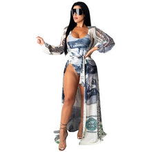 Load image into Gallery viewer, Money Dollar Print Sexy Two Piece Set Tracksuit For Women Skinny Bodysuit And Long Sleeve Maxi Cardigan Summer Beach Club Outfit
