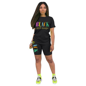 Adogirl Letter Print Summer Casual Two Piece Set O Neck Short Sleeve T Shirt Top Skinny Shorts Fashion Tracksuit Female Clothes