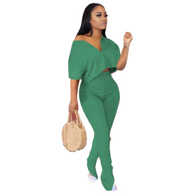 Adogirl S-3XL Solid Two Piece Set Women Tracksuit Zipper V Neck Short Sleeve T Shirt Crop Top Ruched Pants Fashion Casual Suits