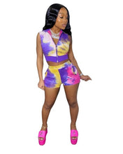 Load image into Gallery viewer, Adogirl Casual Tie Dye Zipper Two Piece Set V Neck Sleeveless Crop Top Elastic Waist Skinny Shorts Tracksuit Female Outfits New
