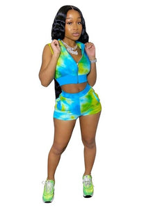 Adogirl Casual Tie Dye Zipper Two Piece Set V Neck Sleeveless Crop Top Elastic Waist Skinny Shorts Tracksuit Female Outfits New