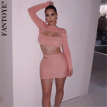 Load image into Gallery viewer, FANTOYE Pullover Hollow Out Women Two Piece Set Dress Solid Long Sleeve Short Top Summer Set Pink Skinny Party Ladies Suits 2020
