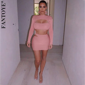 FANTOYE Pullover Hollow Out Women Two Piece Set Dress Solid Long Sleeve Short Top Summer Set Pink Skinny Party Ladies Suits 2020
