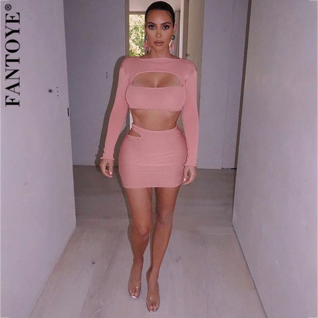 FANTOYE Pullover Hollow Out Women Two Piece Set Dress Solid Long Sleeve Short Top Summer Set Pink Skinny Party Ladies Suits 2020