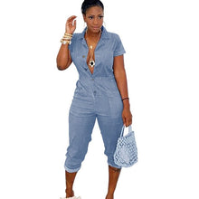 Load image into Gallery viewer, Demin Jumpsuit Women Cropped Pants Summer African Style Rompers Womens Playsuit Fitness Sexy Button Half Elastic Waist Jumpsuits
