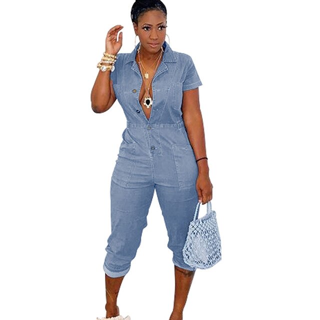 Demin Jumpsuit Women Cropped Pants Summer African Style Rompers Womens Playsuit Fitness Sexy Button Half Elastic Waist Jumpsuits