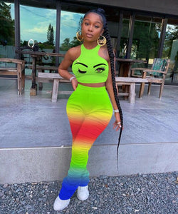 Adogirl Casual Ruched Changing Color Two Piece Set Tank Sleeveless Crop Top Rainbow Pleated Pants Fashion Tracksuits Suit