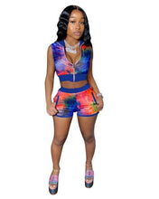 Load image into Gallery viewer, Adogirl Casual Tie Dye Zipper Two Piece Set V Neck Sleeveless Crop Top Elastic Waist Skinny Shorts Tracksuit Female Outfits New

