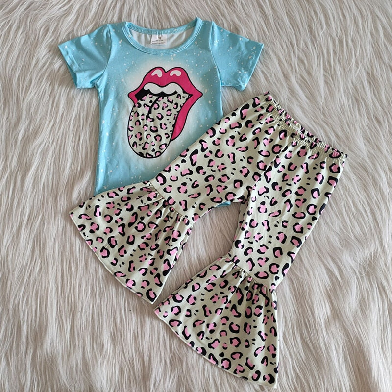 Newest Fashion Toddler Baby Girl Clothes Tongue Print Tops Leopard Bell Bottom 2Pcs Outfits Summer Kids Clothing