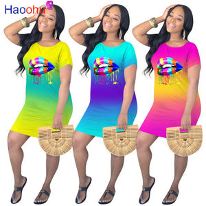 HAOOHU Women Summer Gradient Lips Print O-neck Short Sleeve T-shirt Dress Fashion Sport Tee Mini Slim Dresses