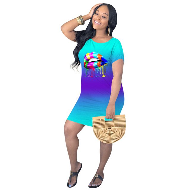 HAOOHU Women Summer Gradient Lips Print O-neck Short Sleeve T-shirt Dress Fashion Sport Tee Mini Slim Dresses