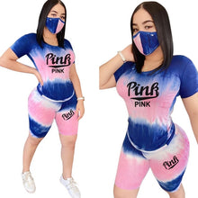 Load image into Gallery viewer, Tie Dye Two Piece Set Women Pink Letters TShirt Biker Shorts Set Sweatshirt  Outfits Ensemble Jogging Femme Summer Clothes 2020
