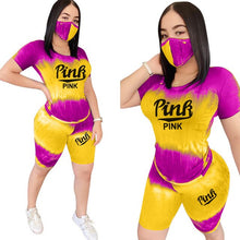 Load image into Gallery viewer, Tie Dye Two Piece Set Women Pink Letters TShirt Biker Shorts Set Sweatshirt  Outfits Ensemble Jogging Femme Summer Clothes 2020
