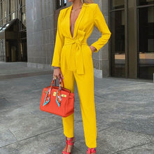 Load image into Gallery viewer, Office Lady Deep V Neck Jumpsuit Party Romper Autumn Winter Long Sleeve Knot Side Jumpsuit Women Pocket Workwear Formal Bodysuit
