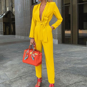 Office Lady Deep V Neck Jumpsuit Party Romper Autumn Winter Long Sleeve Knot Side Jumpsuit Women Pocket Workwear Formal Bodysuit