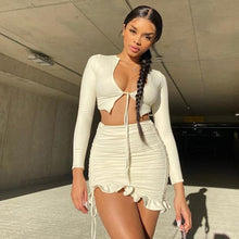 Load image into Gallery viewer, Sisterlinda Ruffles Mini Skirt Two Piece Set Women Fall Long Sleeve Crop Tops 2 Piece Set Party Casual Sexy Tie Up Ruched Outfit
