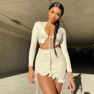 Sisterlinda Ruffles Mini Skirt Two Piece Set Women Fall Long Sleeve Crop Tops 2 Piece Set Party Casual Sexy Tie Up Ruched Outfit