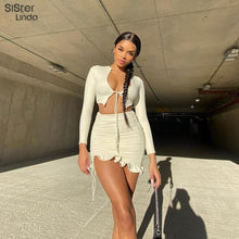 Load image into Gallery viewer, Sisterlinda Ruffles Mini Skirt Two Piece Set Women Fall Long Sleeve Crop Tops 2 Piece Set Party Casual Sexy Tie Up Ruched Outfit
