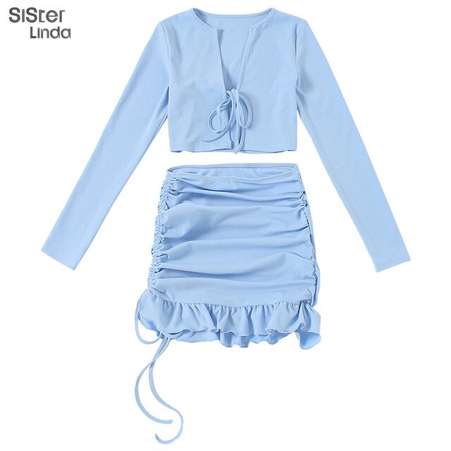 Sisterlinda Ruffles Mini Skirt Two Piece Set Women Fall Long Sleeve Crop Tops 2 Piece Set Party Casual Sexy Tie Up Ruched Outfit